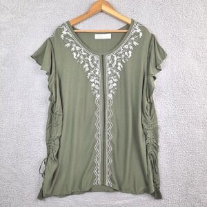 Time and Tru Top Womens 3XL Green Embroidered Pullover Boho Rouched Tassle